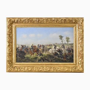 Paisaje con batalla, década de 1800, óleo sobre lienzo, enmarcado