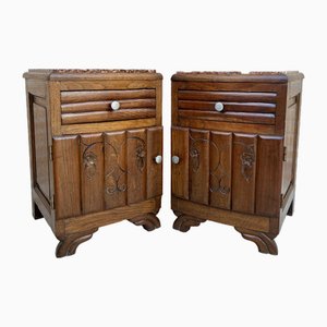 French Art Deco Marble Top Nightstands or Bedside Cabinets in Walnut, 1930, Set of 2