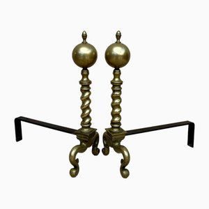 18th American Chippendale Style Brass Cannonball Andiron Firedog with Log Stops, Set of 2