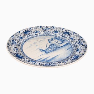 Large Belgian Ceramic Serving Plate in Blue & White, 1920s