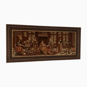 Obra de arte grande estilo tapiz con marco de madera grande, años 50