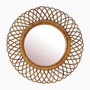Italian Round Mirror with Woven Wicker Frame, 1960s