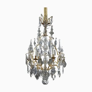 Six-Light Gilt Bronze Cage Chandelier with Cut Crystal Pendants and Daggers, 1880s
