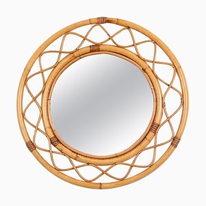 Runder Italienischer Mid-Century Spiegel mit Rahmen aus Rattan & Korbgeflecht, 1960er