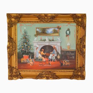 Les Parson, Christmas Fireside Scene with Children, Oil on Canvas, Framed