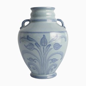 Blaue Jugendstil Vase mit Blumenmotiv von Upsala Ekeby, Schweden, 1930er