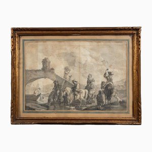 Scene Of Horsemen Near A Bridge, 18th Century, Drawing, Framed
