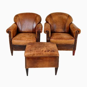 Leather Armchairs with Pouf, Set of 3