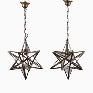 Vintage Star-Shaped Lamps in Brass and Glass, 1960s, Set of 2