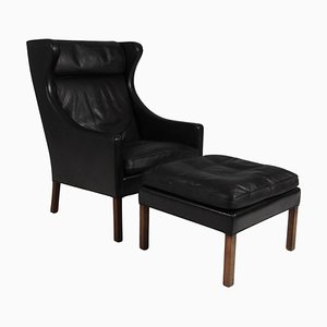 Wingback Chair and Ottoman Model 2202 / 2204 in Leather attributed to Børge Mogensen for Fredericia, 1980s