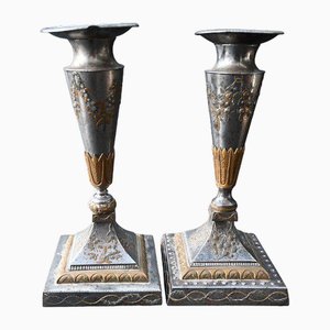 Antique Russian Candlesticks in Cut Steel Toula, Set of 2