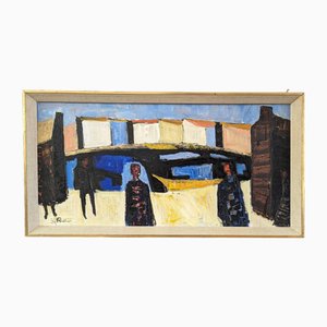 Figures by the Harbour, Painting, 1950s, Framed