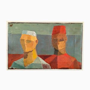 Figuras con sombreros, pintura al óleo, años 50, enmarcado