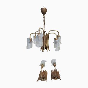 Vintage Chandelier & 2 Wall Lamps, 1980s, Set of 3