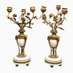 Candelabros Luis XVI de bronce dorado y mármol. Juego de 2