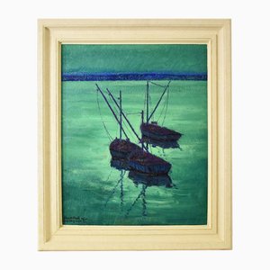 Jean Paul Guinegault, paisaje marino, pintura al óleo, siglo XX, enmarcado