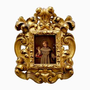 Spanischer Künstler, Heiliger mit Kind, Öl auf Kupfer, 1700er, Gerahmt