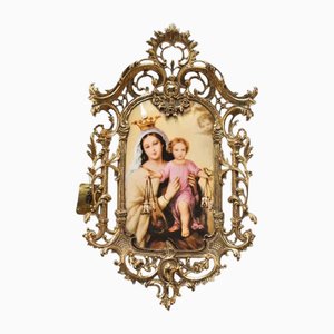 Cornucopia religiosa vintage de bronce dorado con Madona a Child Virgen del Carmen