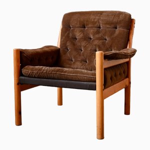 Living Room Armchair in Brown Velvet and Pine