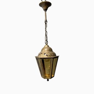 Angular Brass Lantern Hanging Lamp with Yellow Glass, 1930s