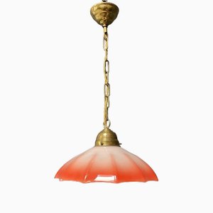 Lampe à Suspension Vintage en Laiton avec Abat-Jour Parapluie en Verre