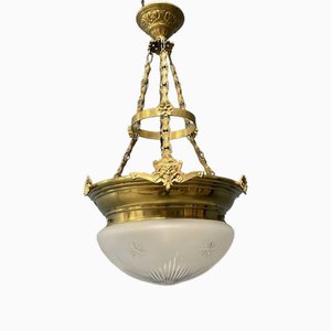 Large Brass Hanging Lamp with Cut Glass