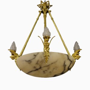Large Antique French Empire Style Alabaster and Bronze Twelve-Light Chandelier, 1890s