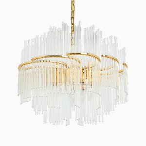 Gilt Brass and Crystal Glass Rods Chandelier attributed to Palwa, 1970s
