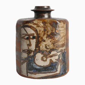 Square Ceramic Bottle Vase with Naive-Style Motifs in Brown Glaze