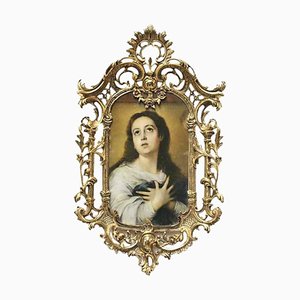 Cornucopia religiosa vintage de bronce dorado con Madona Virgen Inmaculada Conception