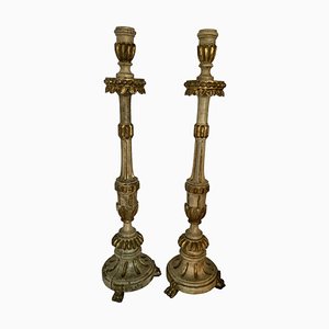 18th Century Italian Painted and Gilt Wooden Candlesticks, 1760s, Set of 2