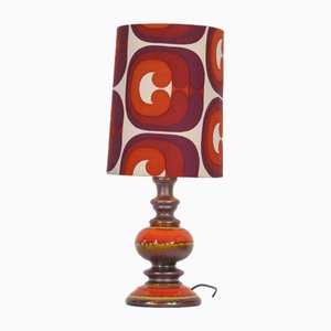 German Ceramic Table Lamp in Warm Orange and Brown Tones with Spacey Fabric Shade, 1970s