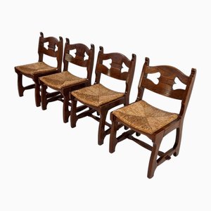 Esszimmerstühle aus Holz mit Sitz aus geflochtenem Stroh von Guillerme Et Chambron für Votre Maison, 1950er, 4 . Set