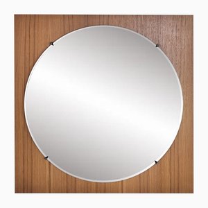 Specchio rotondo con cornice quadrata in legno, anni '70