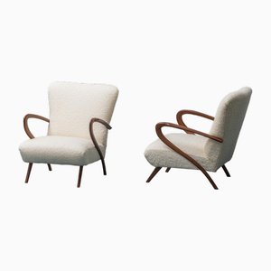 Armchairs in Wood and White Fabric, 1960s, Set of 2