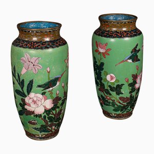 Japanese Cloisonne Flower Baluster Vases, Set of 2
