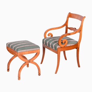 Set of Biedermeier Armchairs with Stool, Beech, Oak & Cherry, Austria, 1830s