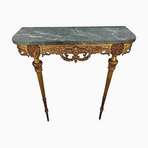 Table Console Antique en Bronze Doré avec Plateau en Marbre Vert