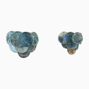 Glass Wall Sconces with Iridescent Alabaster Blue Discs, 1990, Set of 2