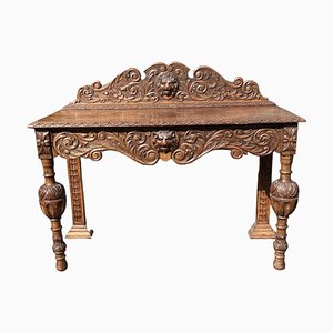 19th Century Victorian Carved Oak Sideboard or Hall Table with Lion's Head Carvings