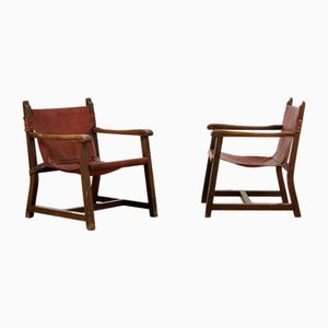 Armchairs in Wood and Leather, 1970s, Set of 2