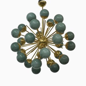 Midcentury Sputnik Spherical Green Glass and Brass Chandelier, 2000
