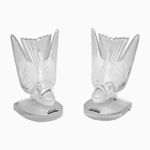 Art Deco Crystal Swallows Bookends by Lalique Hirondelles, 1980s, Set of 2