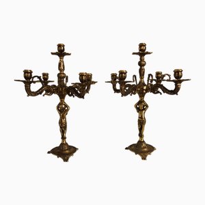 Candeleros de querubín de bronce dorado, de principios del siglo XX. Juego de 2