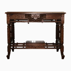 Late 19th Century Victorian Hand Carved Oak Console Table with Leather Inset Top