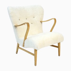 Swedish Sheepskin Lounge Chair attributed to Erik Bertil Karlén, 1940s