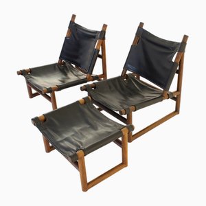 Rosewood Sling Chairs and Stool, Set of 3