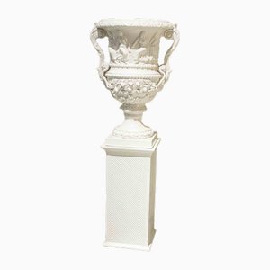 Large Classic Style Bowl and Base in Glazed White Ceramic, 20th Century, Set of 2