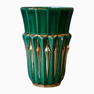 Grüne und goldene Art Deco Vase von Poët Laval in Drôme, 1940er