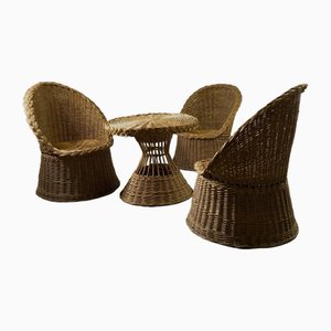 Rattan Chairs & Coffee Table, France, 1950s, Set of 4